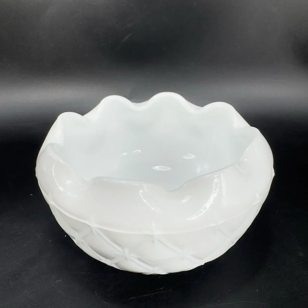 1970S Indiana Glass Milk Glass‎ Quilted Duette Crimped Edges White Dish Bowl VTG